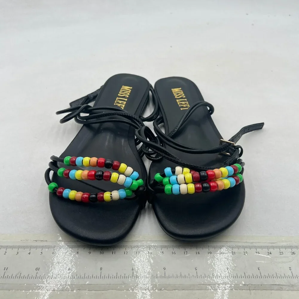 miss left Black Beaded Flat Sandals for Women Ankle Strap Open Toe Slide Sandals - Picture 3 of 8